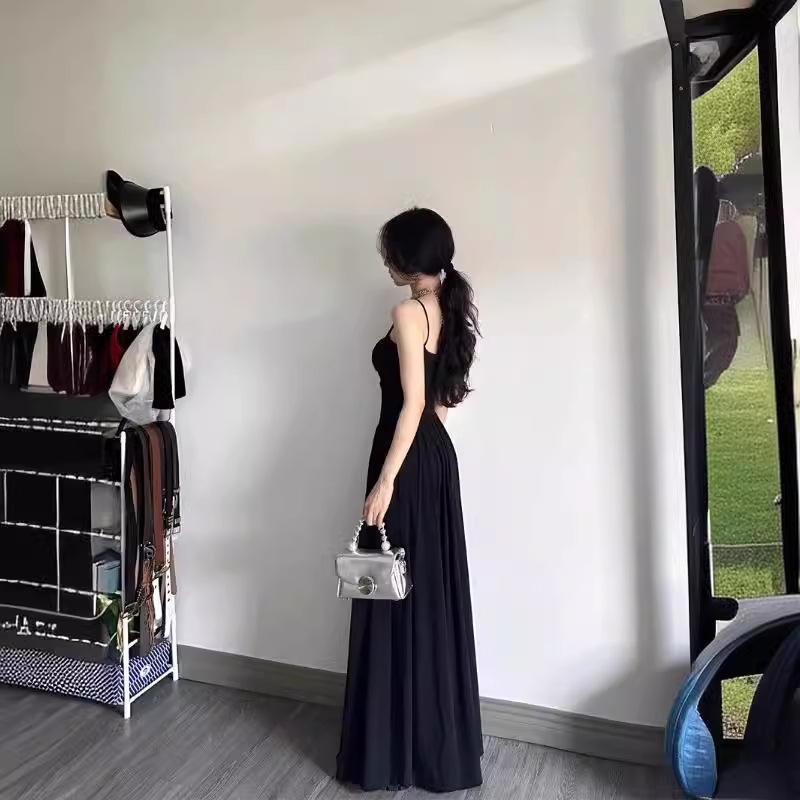 American dress suspender dress children's summer new pleated waist slim fit small black dress long dress
