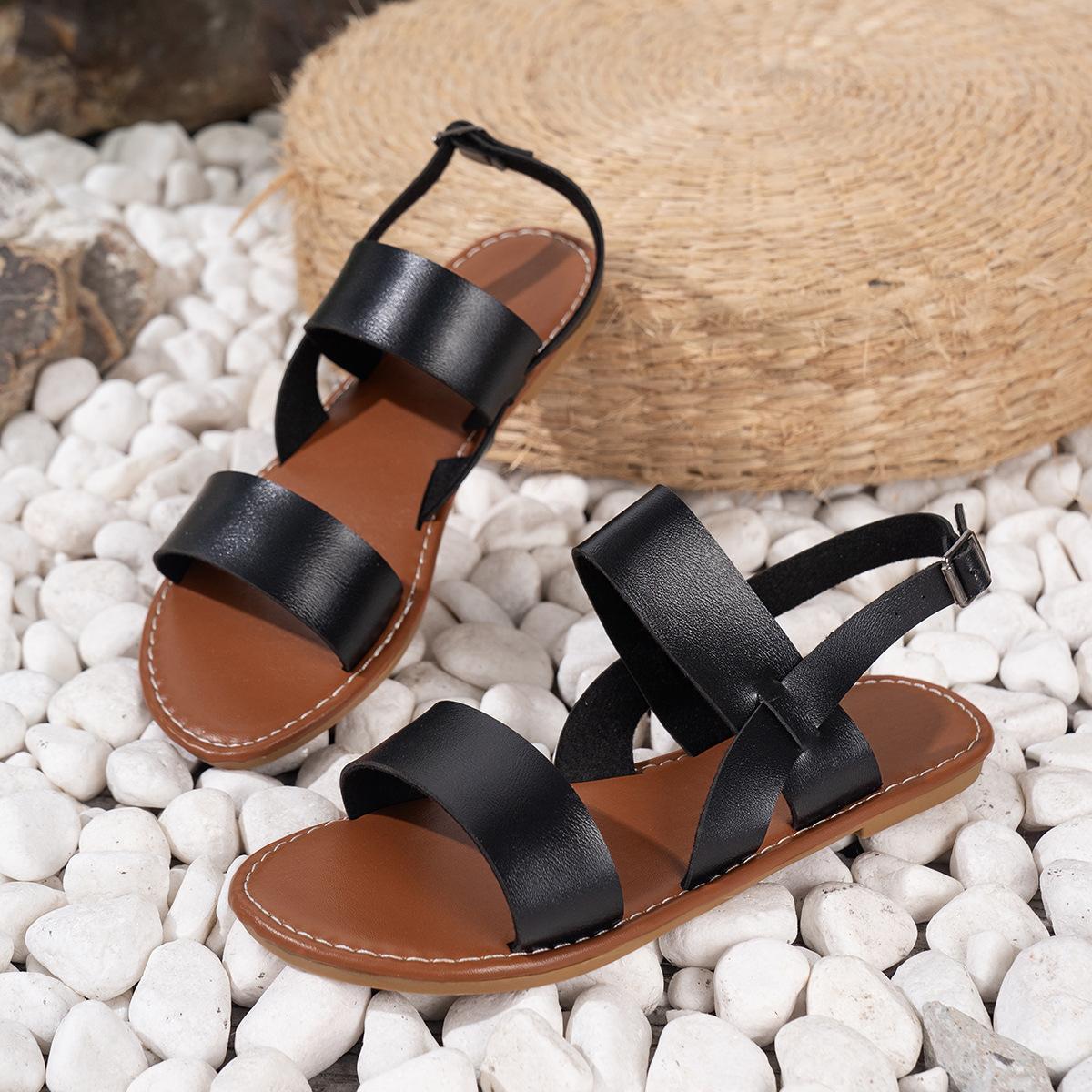 

2025 spring new large size sandals European, American and Roman one-character buckle flat bottom foreign trade large size women s sandals 35 чёрный