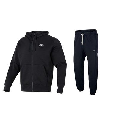 Solid Color Loose Hooded Fleece Sweatshirt And Mid Waist Long Pants Casual Sports Set Men Sets Black BV2646-010+CK6366-010