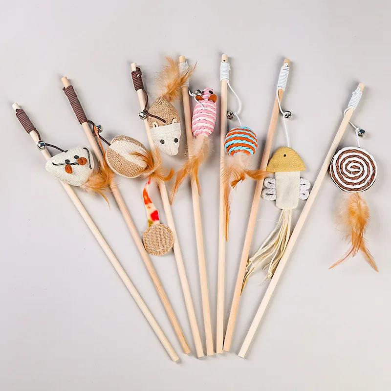 Teaser Feather Toys Kitten Funny Colorful Rod Cat Wand Toys Wooden Stick Mice Pet Cat Toys Interactive Stick Pet Cat Supplies