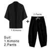 Set Kimono Negru Japonez pentru Bărbați, Jachetă cu Față Deschisă, Mânecă 3/4, cu Pantaloni, Stil Asiatic Chinezesc, Cardigan Imprimat