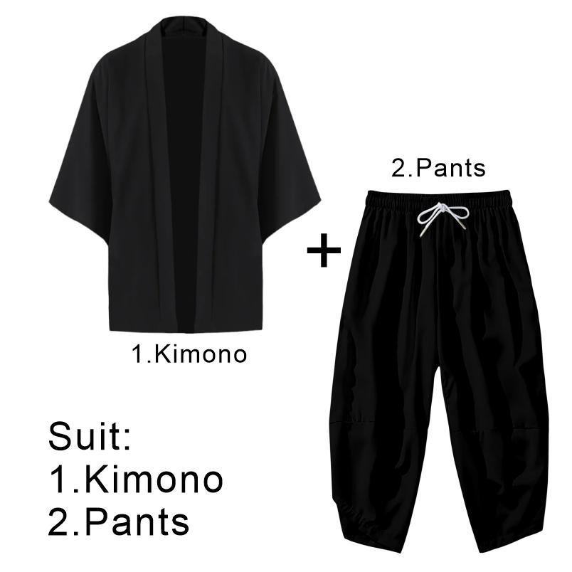 Set Kimono Negru Japonez pentru Bărbați, Jachetă cu Față Deschisă, Mânecă 3/4, cu Pantaloni, Stil Asiatic Chinezesc, Cardigan Imprimat