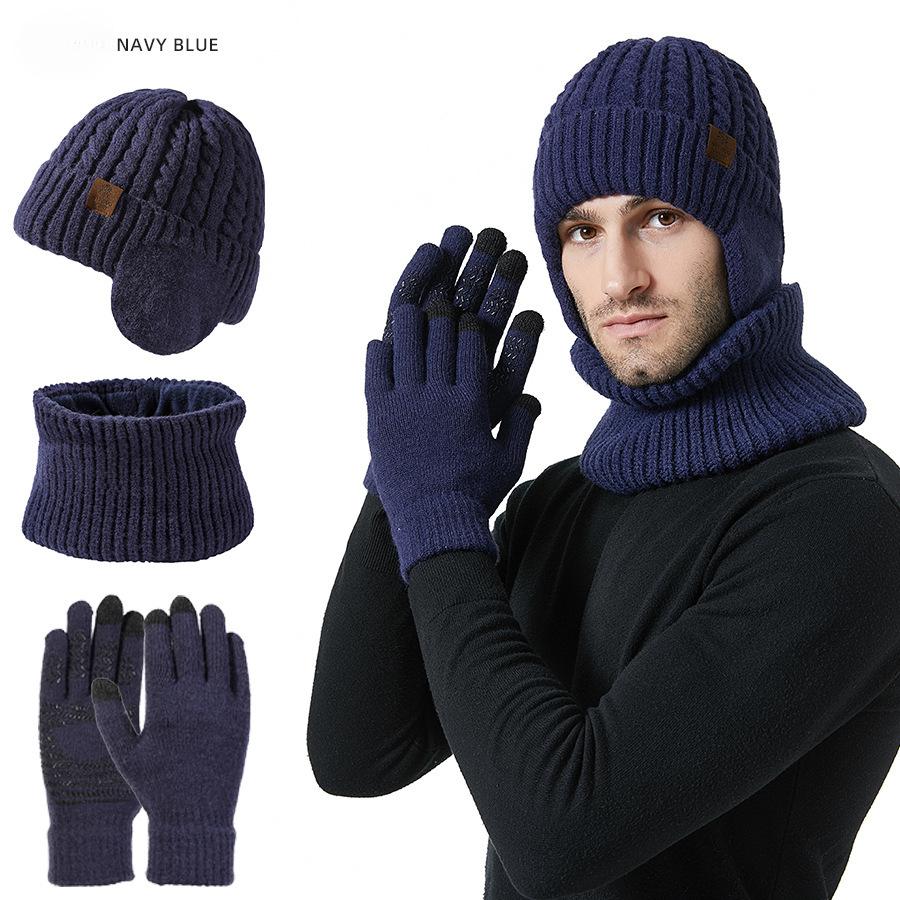 Men and Women Winter Warm Fleece Lined Ear Protection Knitted Hat Scarf Touchscreen Gloves Set Unisex Outdoor Cold-resistant Woolen Hat Set
