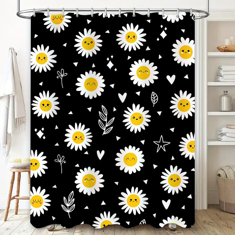 Black Shower Curtain with White Flowers Print Bathroom Decor, Home Decor Shower Curtains for Bathtub, Fabric Waterproof Bath Sho