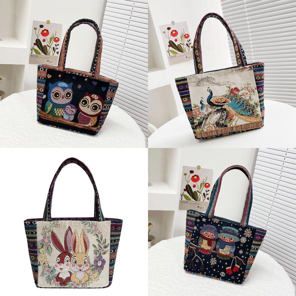Elephant Embroidered Canvas Handbag With Dual Handles For Casual Daily Use
