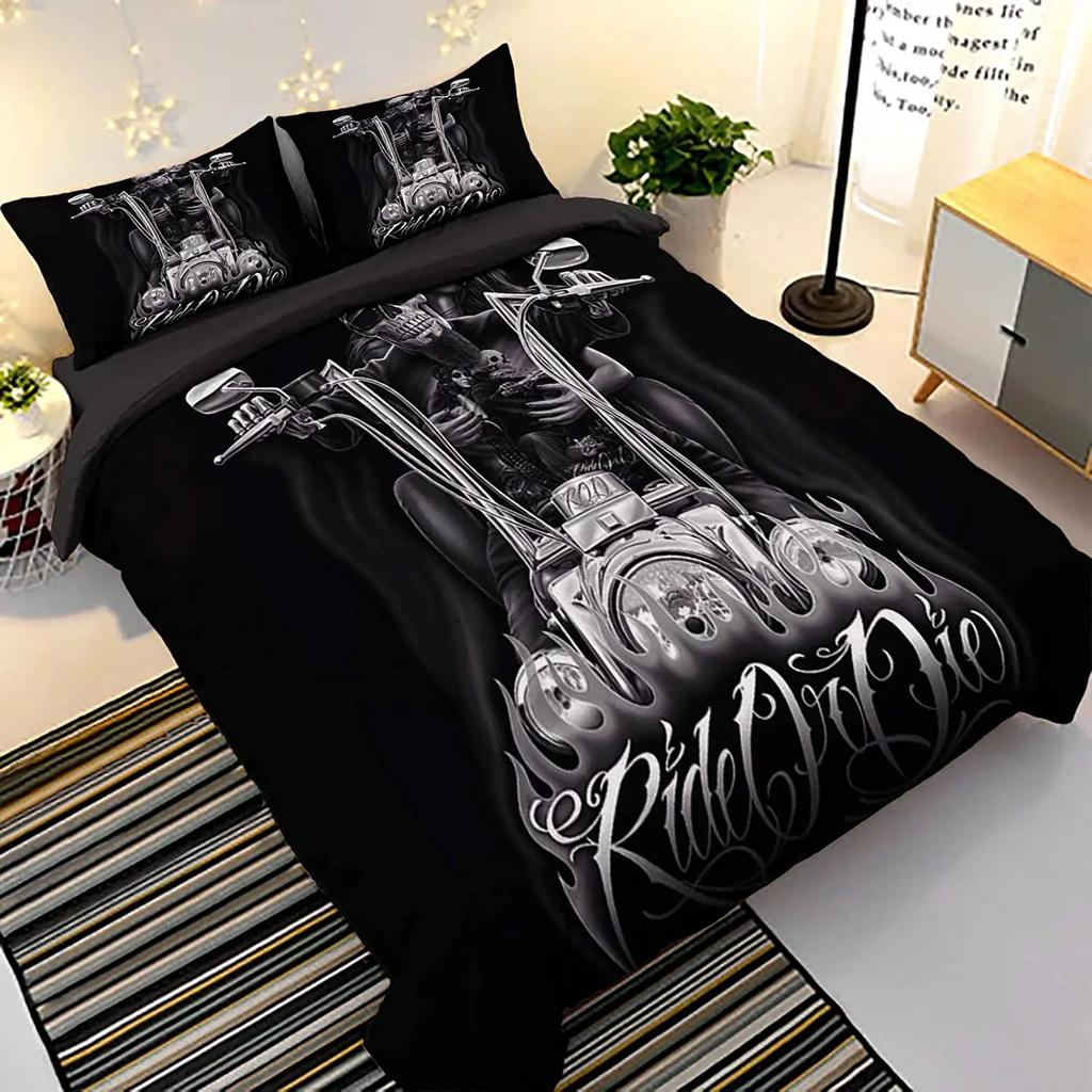Skull Duvet Cover Set King, Skull Beauty Printed Duvet Cover Set Ride or Die Motor Bedding Set,Corner Tipes Gothic Skull Bedding