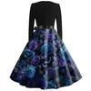 Women's Casual V Neck Halloween Print Vintage Dress Long Sleeve Retro Swing Skirt Belted Waistline Classic Fit Flared Hem