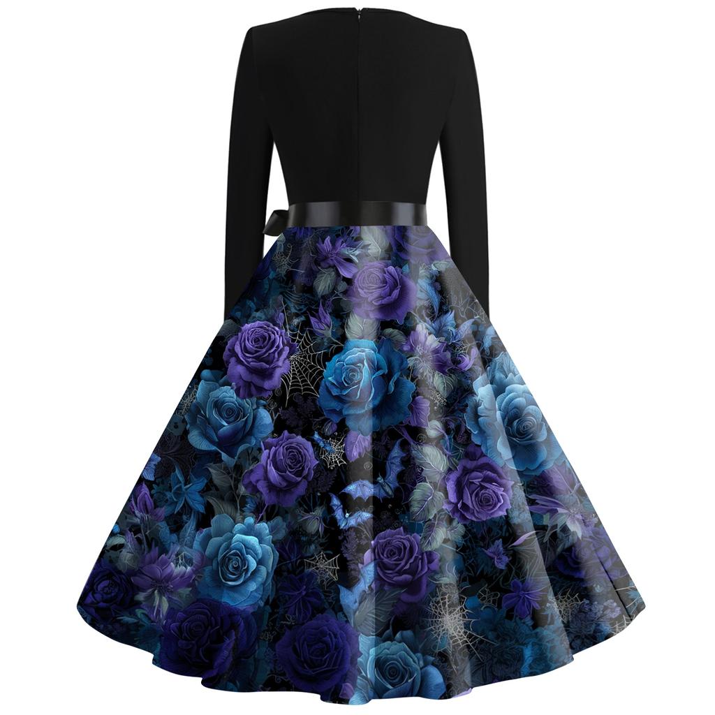 Women's Casual V Neck Halloween Print Vintage Dress Long Sleeve Retro Swing Skirt Belted Waistline Classic Fit Flared Hem