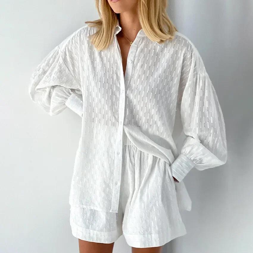 Casual Loose Women Short Two Piece Set Suit Fashion Blouse Long Sleeve Shirt Lady Simple Style Shorts Streetwear Blouse Tops