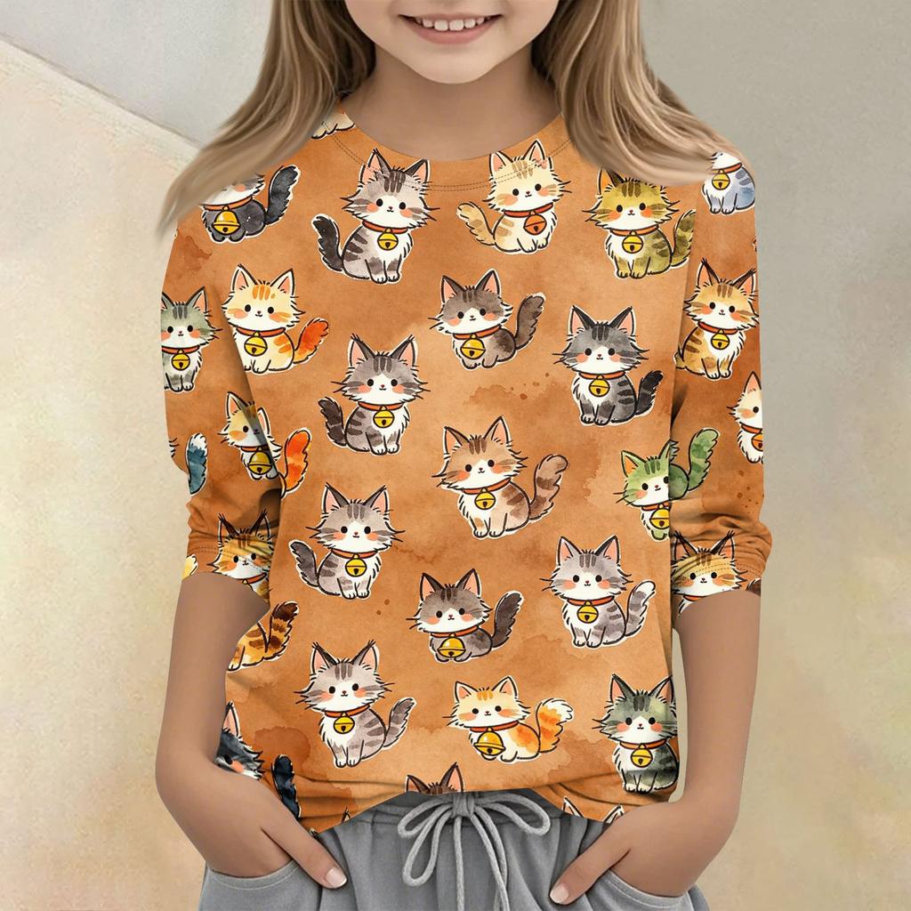 Kinder Freizeit T-Shirt Rundhals Dreiviertelarm Pullover Oberteil mit Tierprint Muster Weicher Leichter Stoff für den Alltag