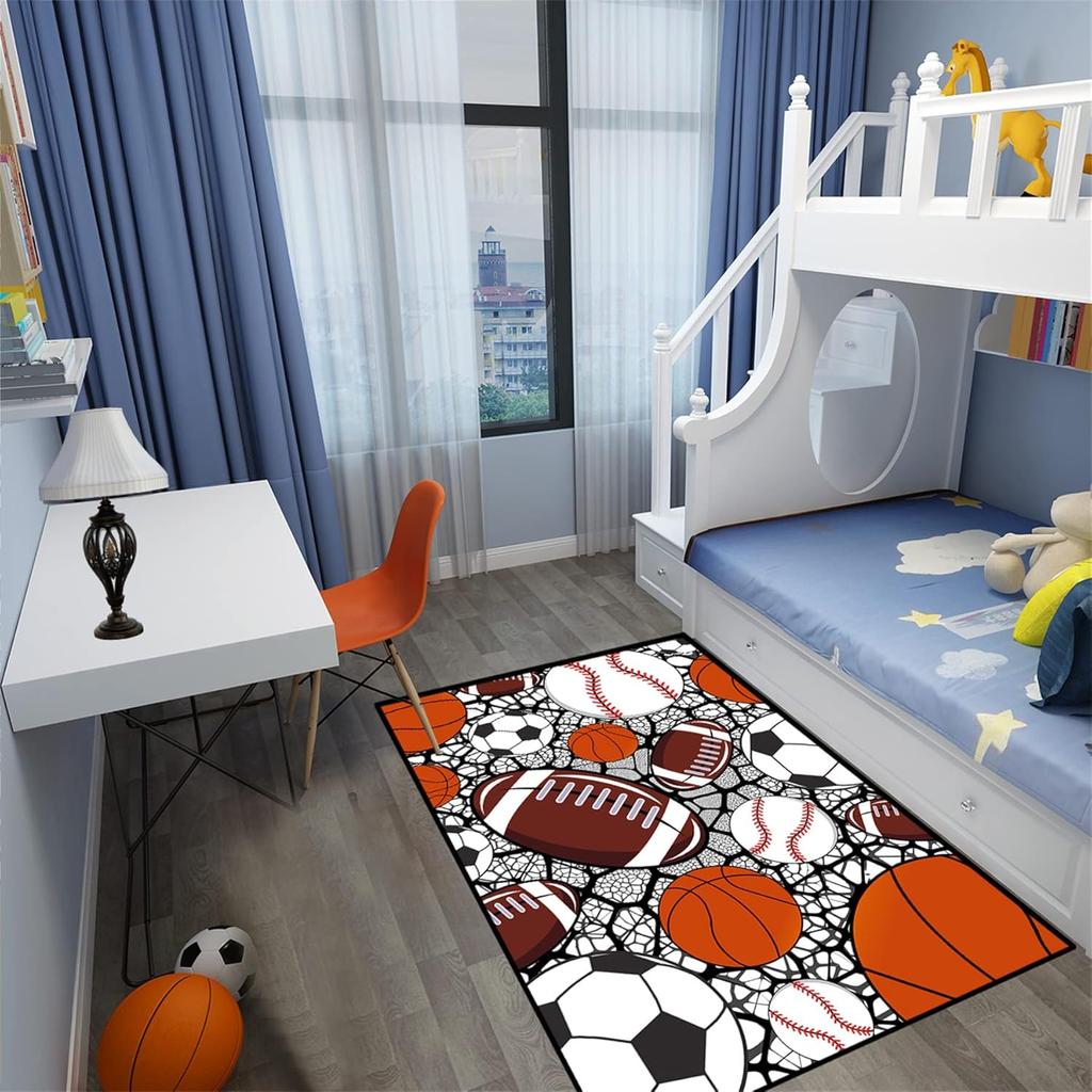 Sportteppich mit Rissmuster für Kinderzimmer, Design mit Fußball-, Basketball-, Football- und Tennisball, rutschfester Spielzimmerteppich