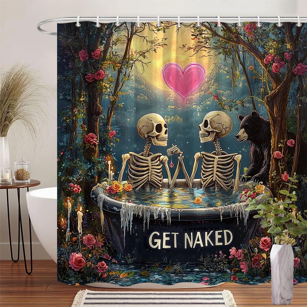 Whimsical Skeleton Embrace Shower Curtain - Romantic Skeletons in Forest with Candles,  GET NAKED  Tub, Surreal Bath Decor W90xH180cm