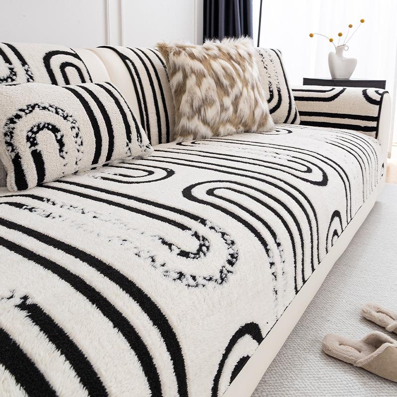 European Striped Jacquard Plush Sofa Cushion Simple Fashion Non-Slip Sofa Cover for Living Room Keep Warm Dustproof Couch Covers
