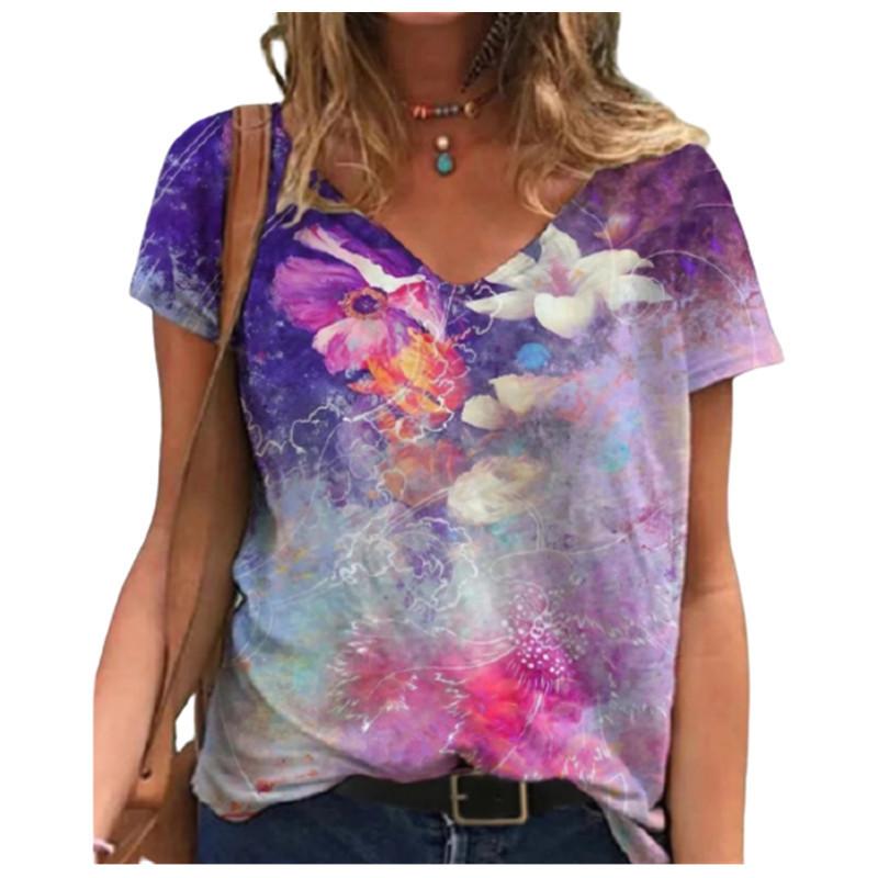 V-neck Flower Drawing Printed Short Sleeved T-shirt for Women 3d Print Tee Tops