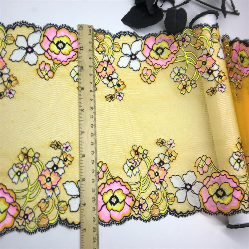 23cm wide Elastic Lace, Multicolor floral Stretch Spandex Lace with Yellow Mesh for Lingerie, Bra, Underwear, Sewing & Crafting
