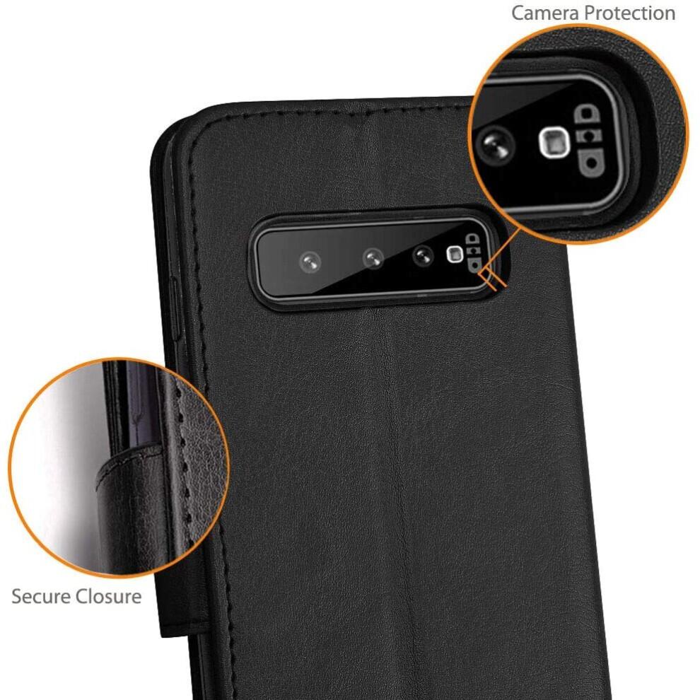 Custodia Portafoglio in Pelle per Galaxy S10 Plus, Custodia Protettiva a Libro con Slot per Carte, Supporto e Cinturino da Polso - Nero