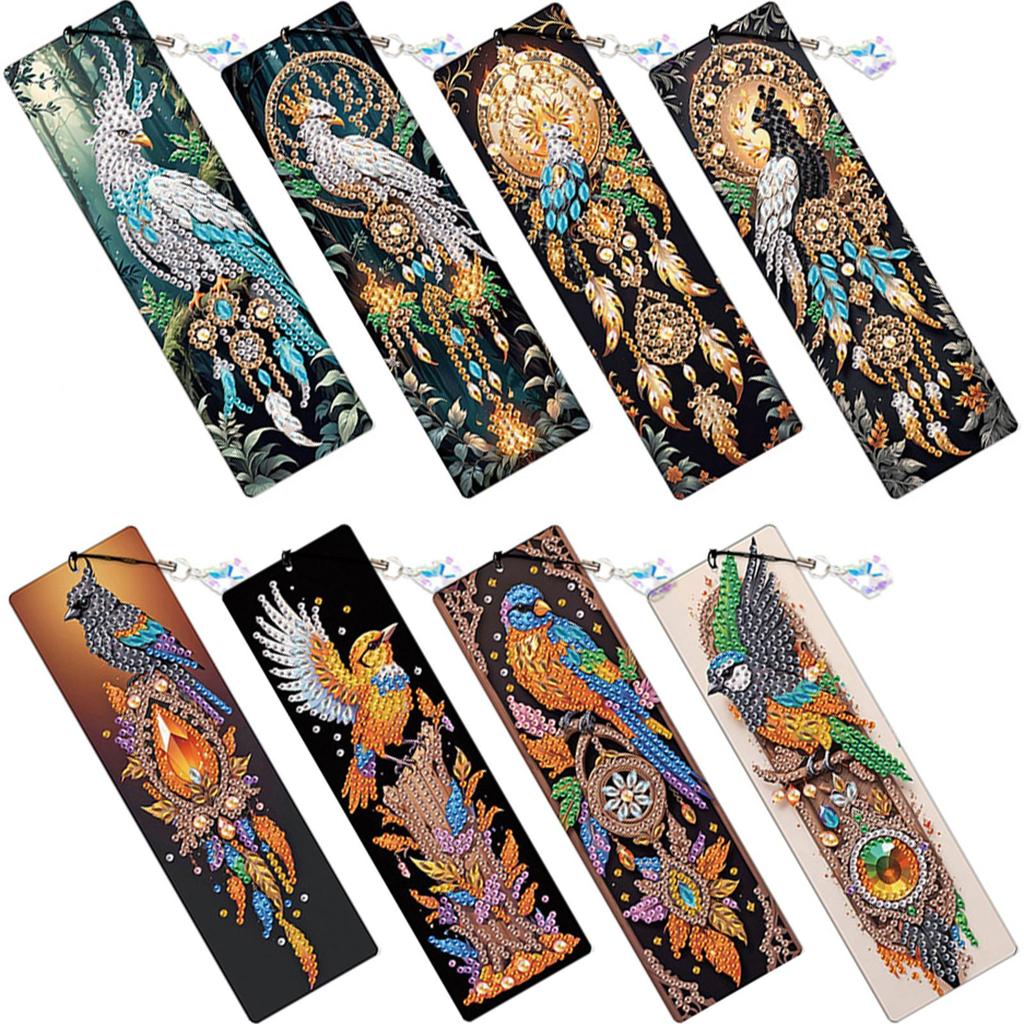 8Pcs DIY Phoenix Diamond Painting Art Bookmarks with Crystal Pendants for Gift