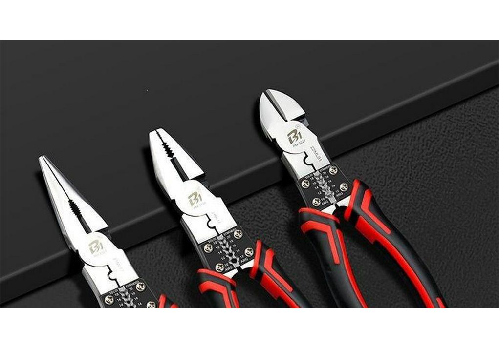 Industrial Grade Multi-Functional Wire Cutter Set: 8" Needle-Nose Pliers, 6" Diagonal Cutters, and Electrician's Snips.