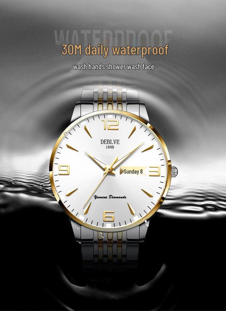 Men's Ultra-Thin Luminous Waterproof Alloy Wristwatch with English-Chinese Calendar and Solid Steel Band