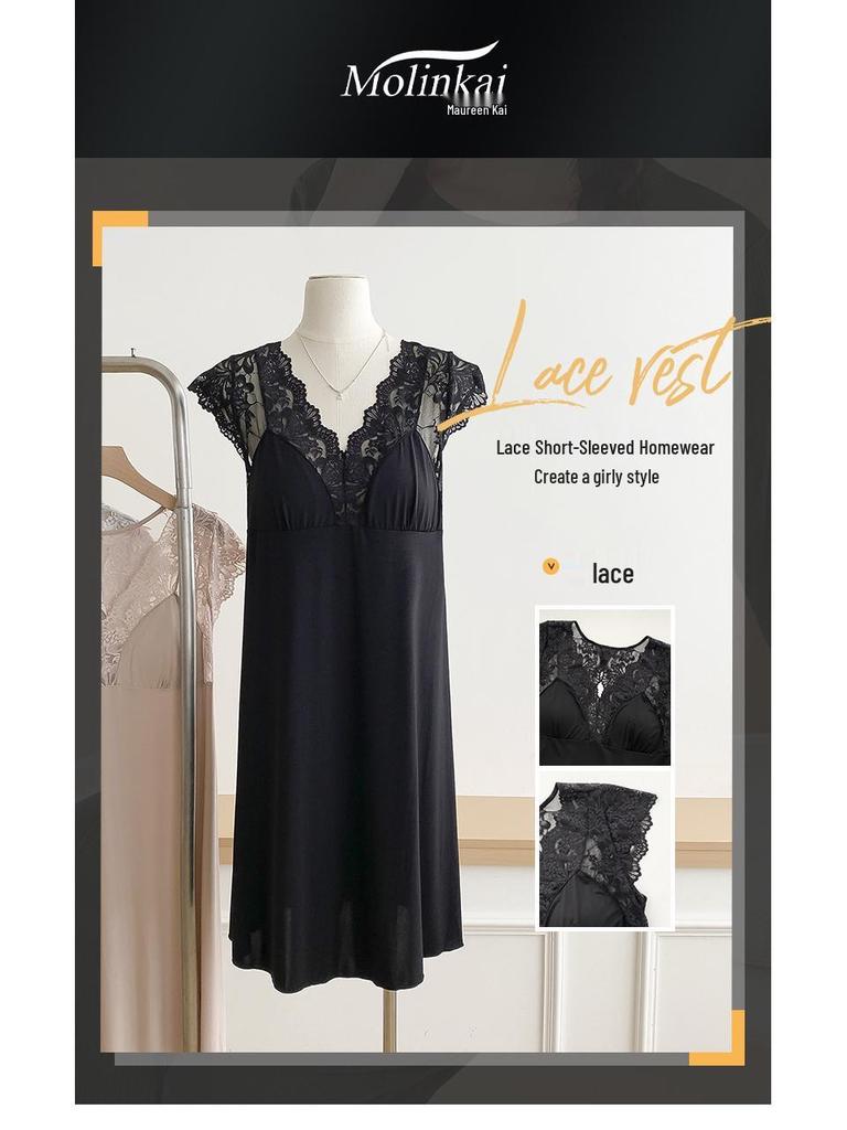 French Ice Silk Nightgown with Built-in Bra, Cool Silky Touch, Short Sleeve, Lightweight Home Wear, Sexy Pajamas