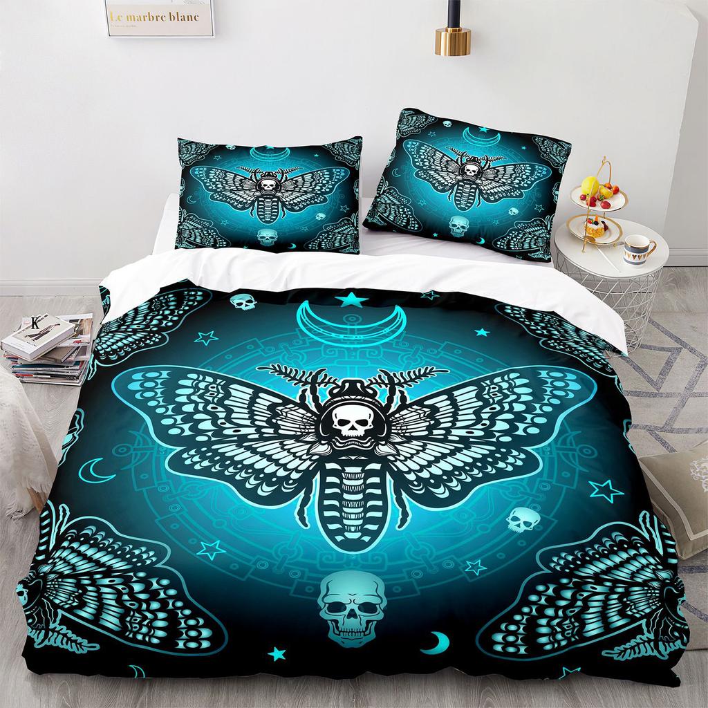 Death Moth Duvet Cover Set Queen Size Gothic Skull Boho Comforter Cover Black And White Skeleton Decorative Soft Bedding Set