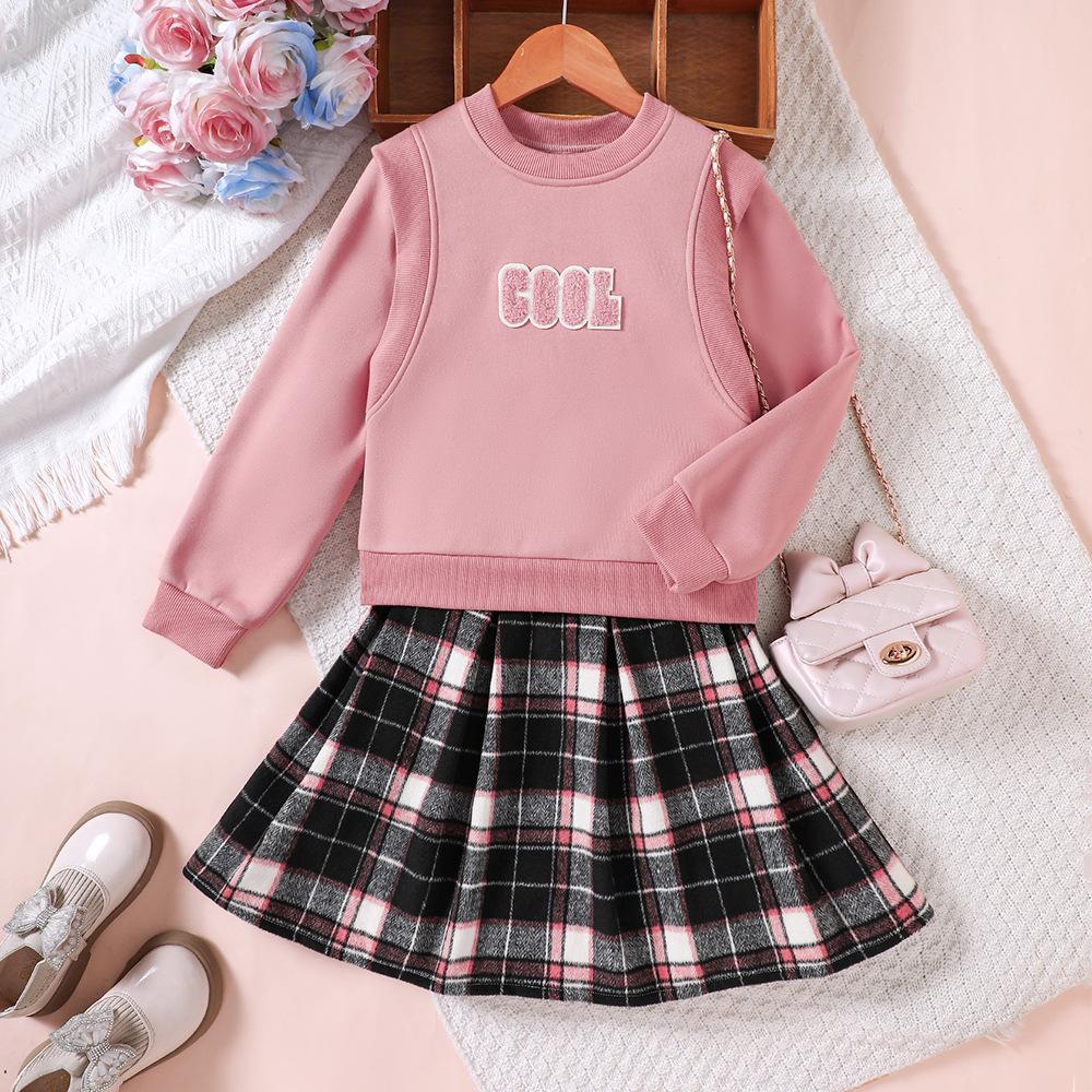 

Новый осенне-зимний костюм для девочек из двух частей: толстовка с клетчатой юбкой 13-14Y розовый