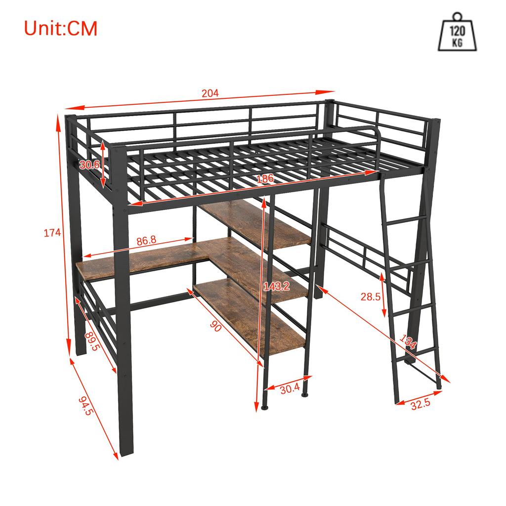 Kinderbett Hochbett 90x200 cm Funktionsbett Schreibtisch 3 Regale Etagenbett Bettrahmen Lattenrost ohne Matratze Kinder Erwachsene