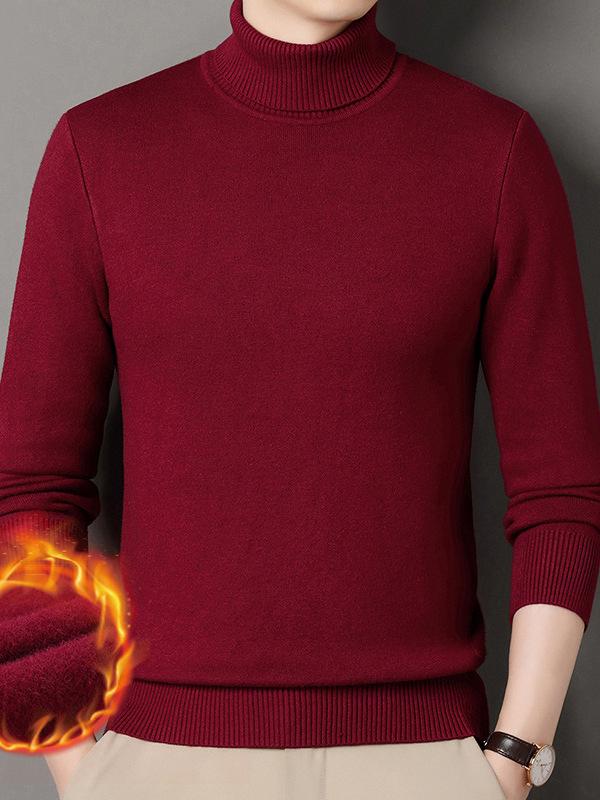 Men's Winter Warm Velvet High Neck Sweater - Solid Color Knit Pullover