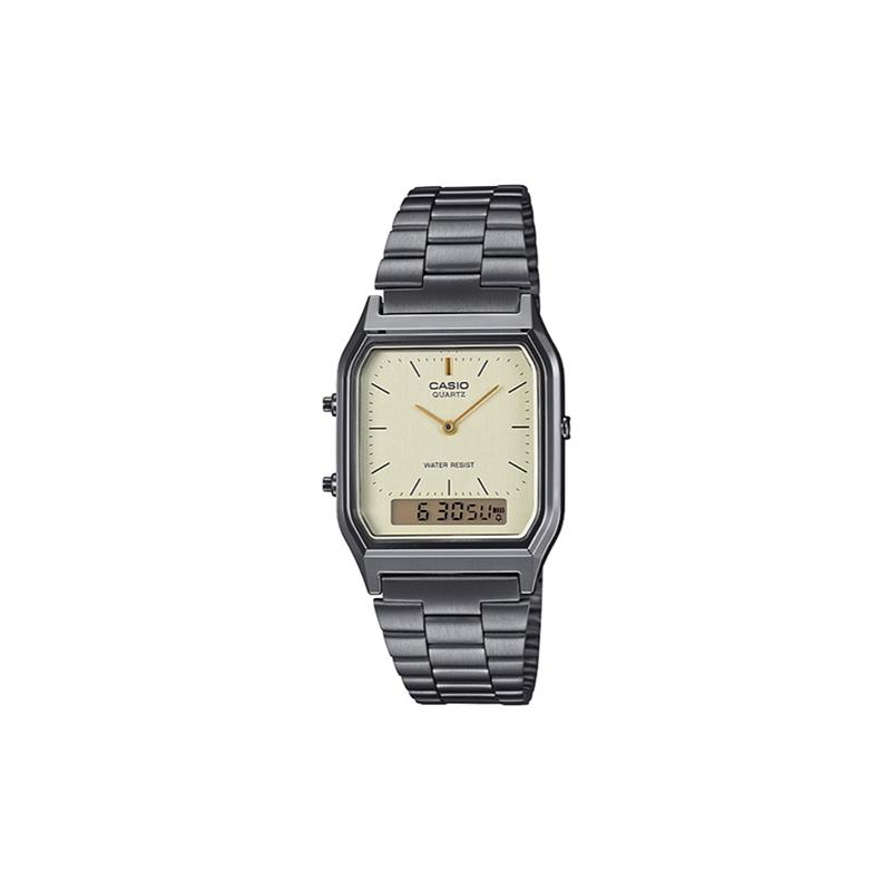 

Casio series YOUTH series-square plate dual display small square business fashion retro casual dual display quartz movement stainless AQ-230GG-9A білий