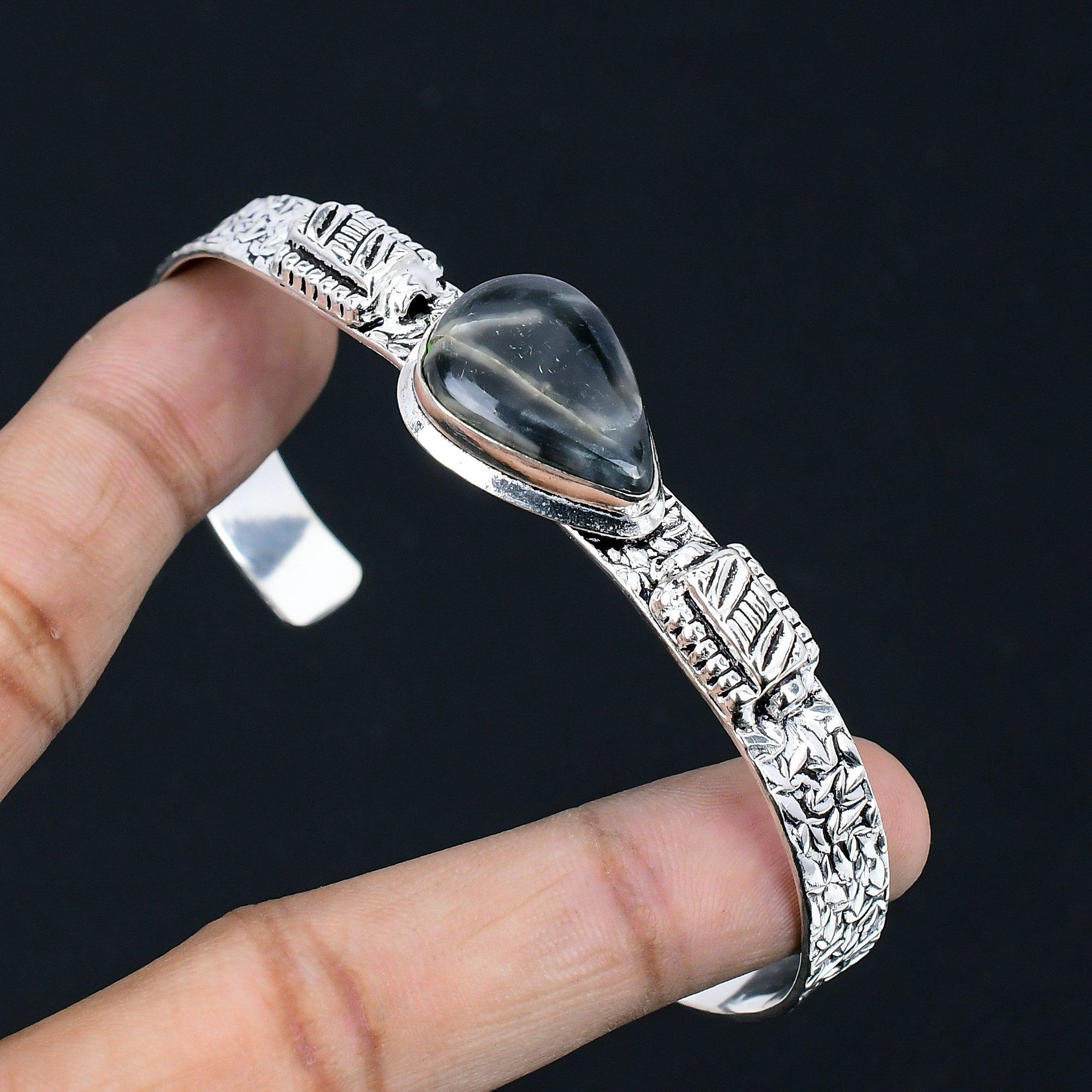 

Easter Sale 925 Sterling Silver Pear Natural Fume Agate Artisan Trendy Bangle Adjustable