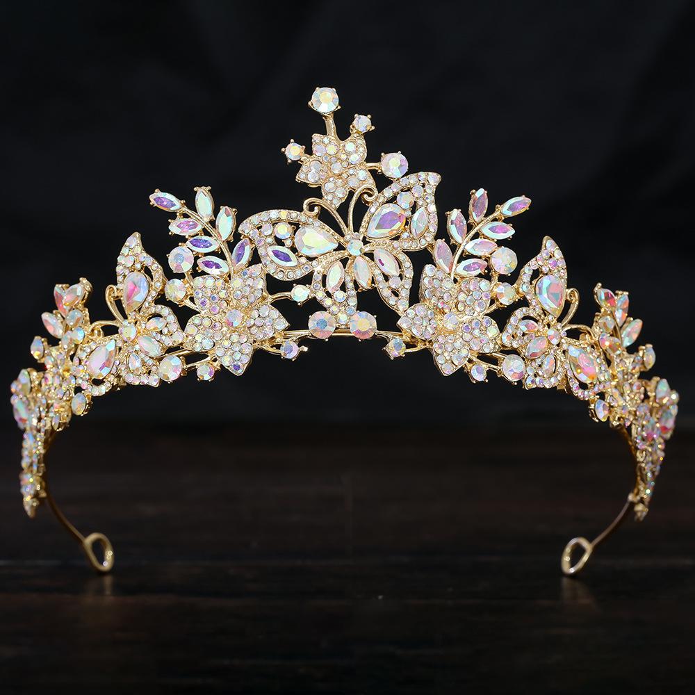 Sweet Butterfly Floral AB Color Crystal Crown Rhinestone Princess Pageant Diadem Wedding Hair Accessories Tiaras Jewelry