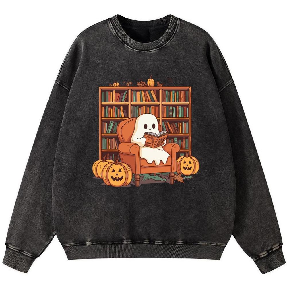 

Хэллоуин Привидение Читающая Девушка Винтажная Стирка Хлопок Тонкий стиль Свитшот Уличный Круглый вырез Мягкий Пуловер Осень Оверсайз 3XL