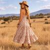 Women Boho Maxi Dress Floral Print Spaghetti Strap V Neck Blackless Summer Beach Vacation Dress