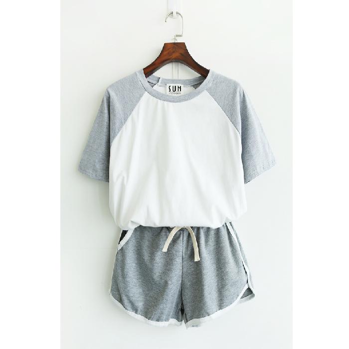 In Stock! Girls  Summer Casual Patchwork Raglan Sleeve Sportswear Set - Short Sleeve T-Shirt & Shorts M серый