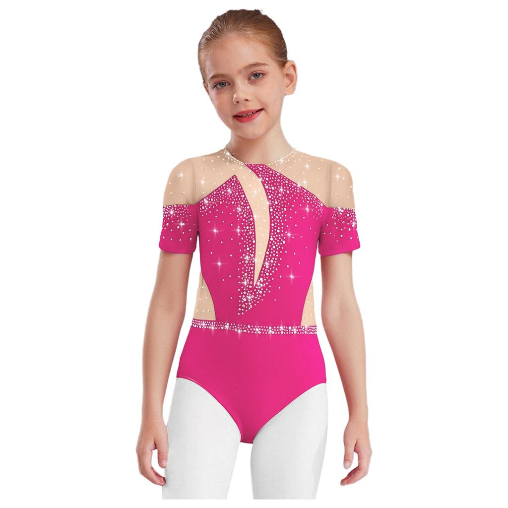 Girls Figure Skating Bodysuit Short Sleeve Cutout Back Sheer Mesh Patchwork Shiny Rhinestones Metallic Dancewear