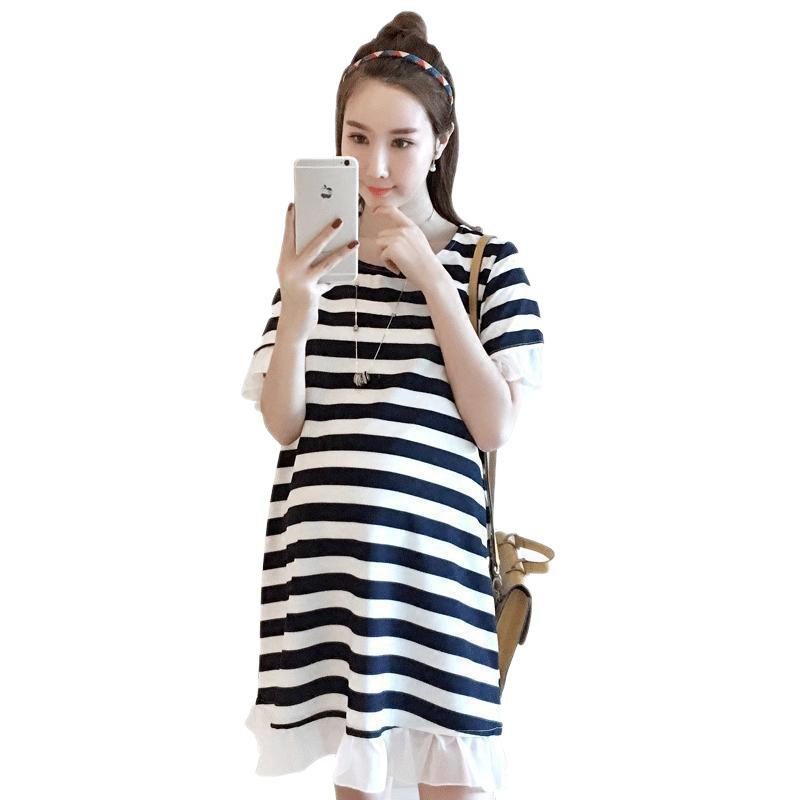 Maternity A-Line Striped Summer Dress: Loose, Short-Sleeved, Mid-Length, Plus Size