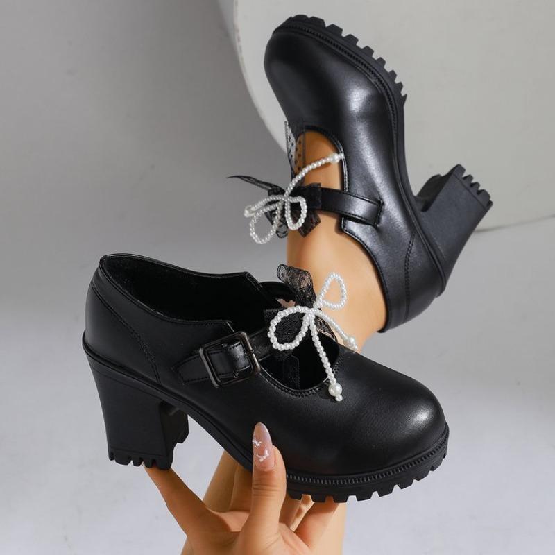 

Temperament Block Heel Single Shoes Autumn New Round Toe Shallow Mouth Lace Beaded Bow Platform Waterproof Non-Slip High Heels 43 чёрный