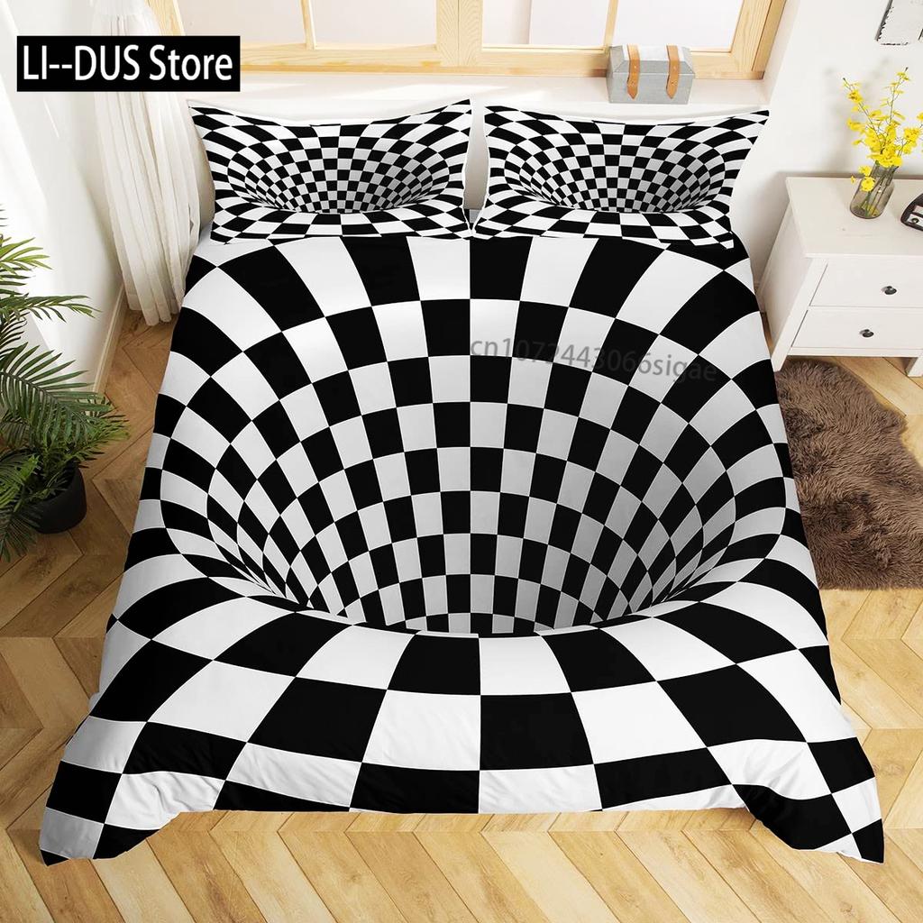 Black White Art Bedding Set,Abstract Geometry Duvet Cover For Kids Teen Boys Girls,Optical Illusion Comforter Cover, Full Size