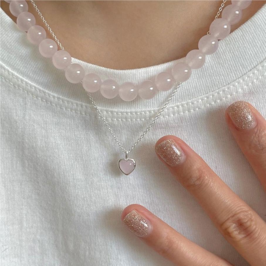 Copper-Plated Silver Peach Heart Necklace for Women - Sweet, Cute, Pink/Blue, Fashionable Clavicle Chain