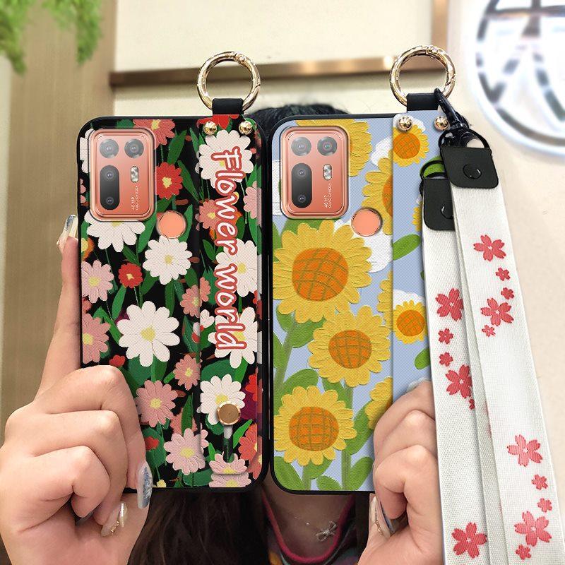 Back Cover Protective Phone Case For HTC Desire 20 Plus/D20+ Lanyard Kickstand Silicone Wrist Strap Oil Painting Ring