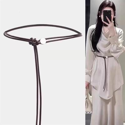 Women's Soft Knotted Thin Leather Belt, Spring Buckle Belt for Dresses and Skirts, Black Waist Chain Accessory.
