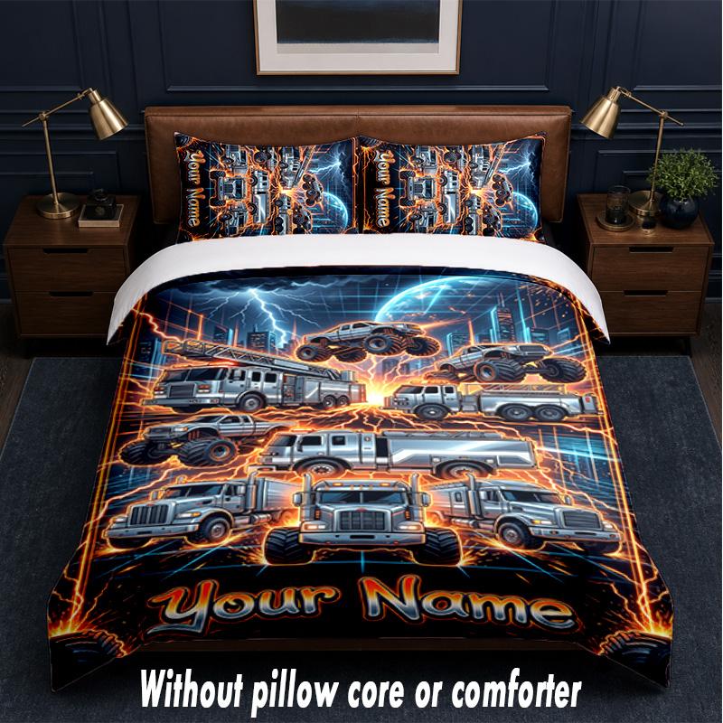 Truck Theme Custom Text Or Name 3Pcs Bedding Set,1 Flat Sheet & 2 Pillowcases Personalized Home Bedding