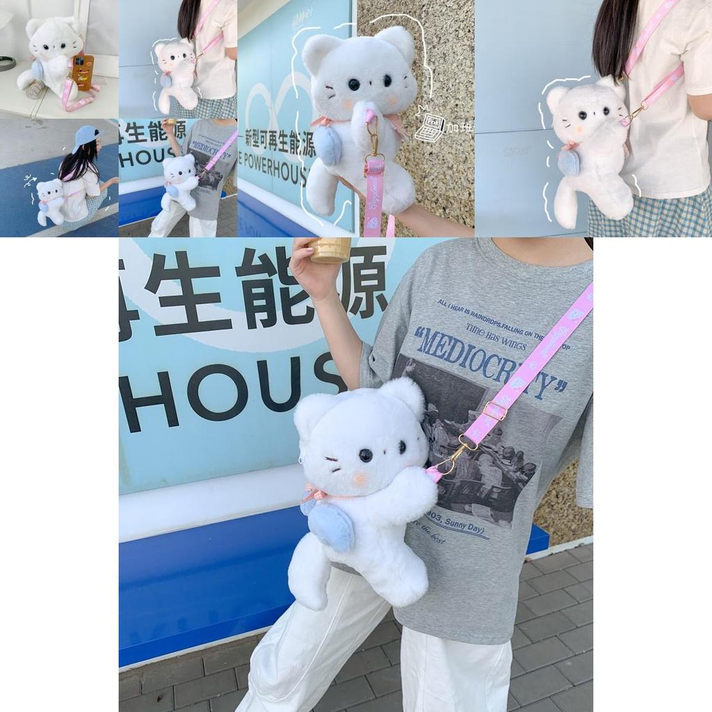 Cute Scarf White Cat Plush Doll Cartoon Shoulder Bag With Detachable Strap For Daily Use