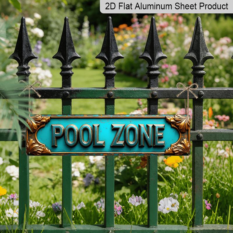 2D Flat, 1pc Vintage Aluminium Decorative Sign, A Captivating Wall-Mounted Decoration Called POOL ZONE with A Frame of Golden Leaves. It Is Suitable