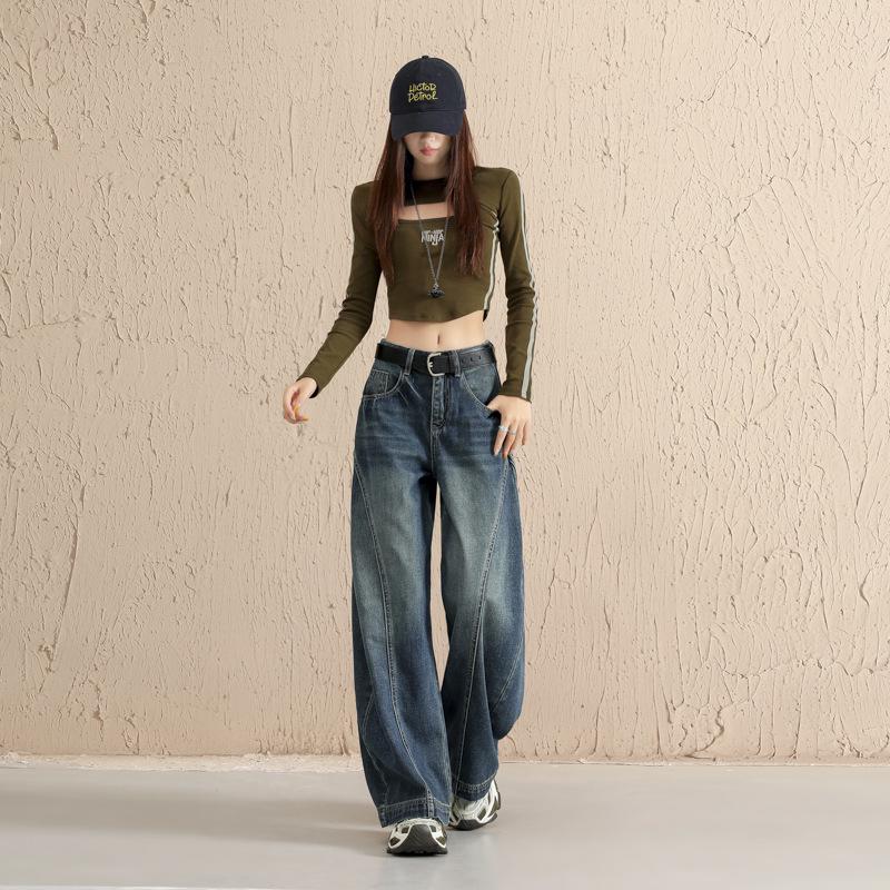 Amerikanische Retro-Jeans mit gebogenem Bein: Damen 2026 Frühling/Herbst Weit geschnittene Säbelhosen