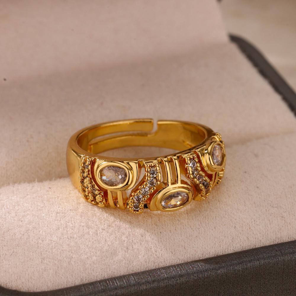 Geometric Zircon Chunky Wide Rings for Women Stainless Steel Gold Color Adjustable Ring Aesthetic Wedding Fashion Zircon Gift