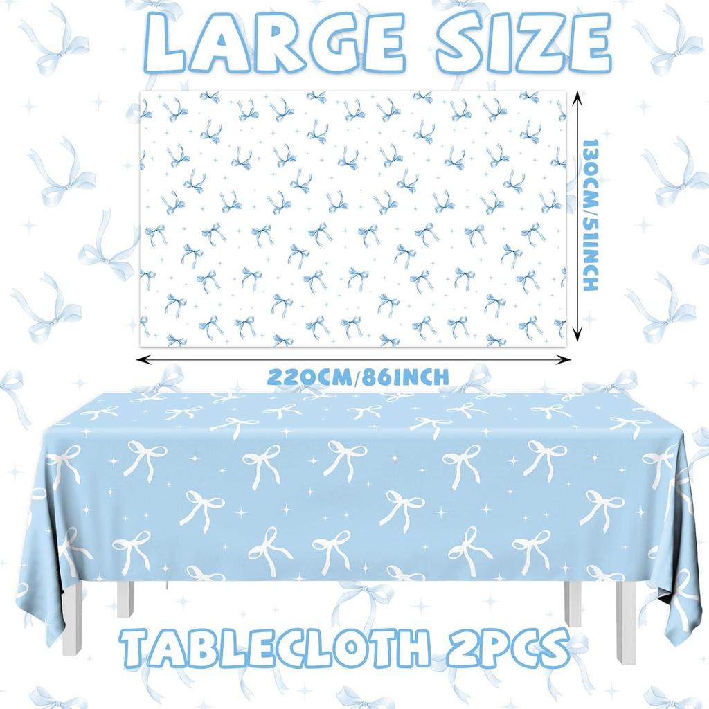 HAKOTI 2Pcs Blue Bow Tablecloth,Coquette Birthday Decorations Bow Theme Plastic Table Cover Blue Bow Rectangle Tablecloth for Girls Women