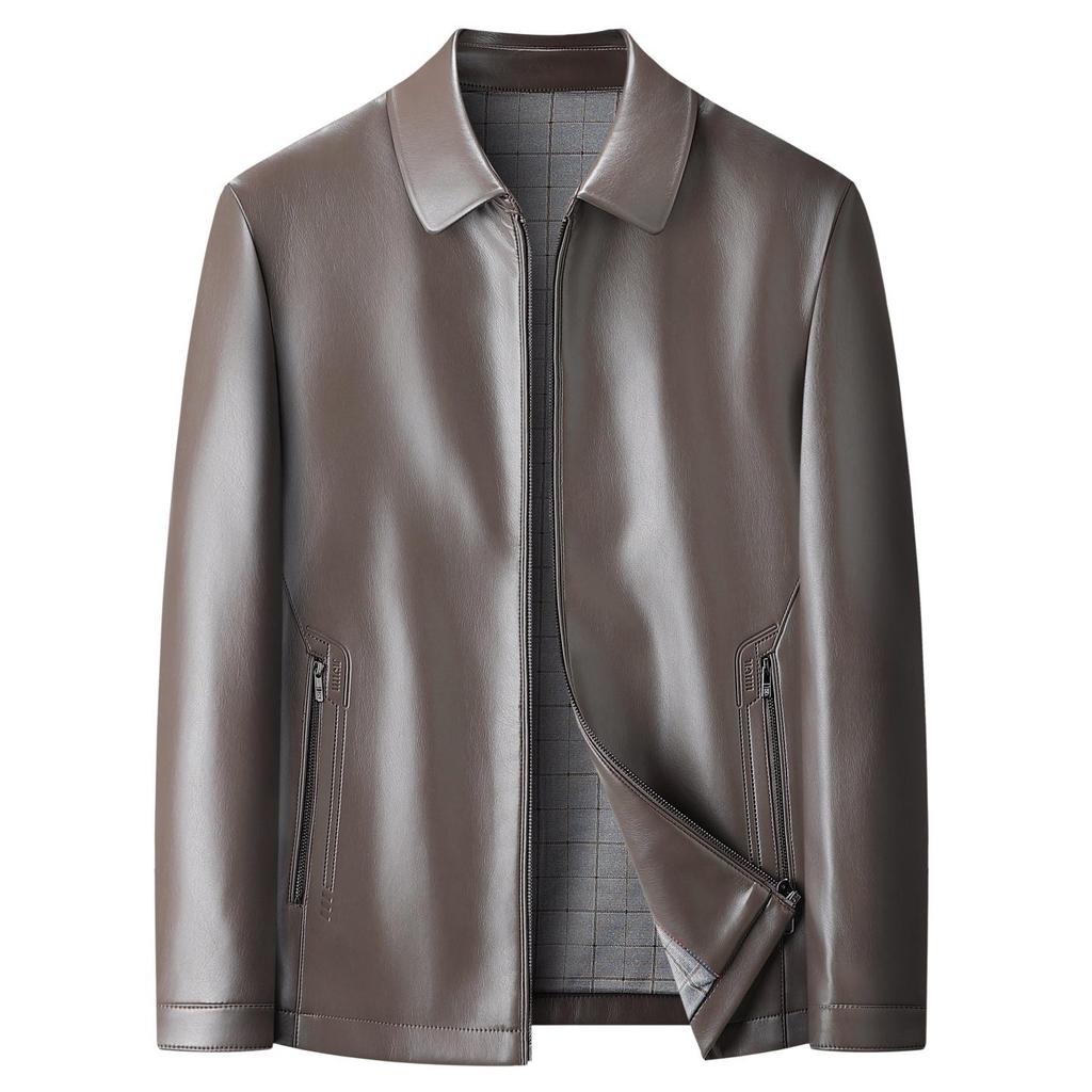 Men's Versatile Sheepskin Leather Jacket: 2025 Spring/Autumn, Middle-Aged Dad Lapel Motorcycle Style