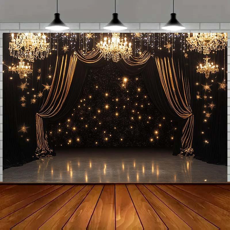 Luxurious Background Fabric Paired with Elegant Chandeliers, Golden Curtains and Twinkling Stars - Polyester Wedding Decorations