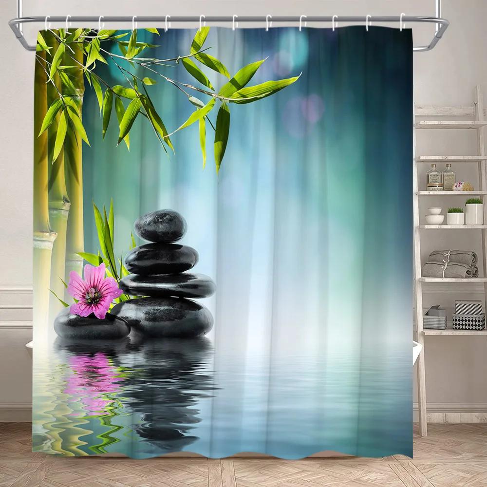 Zen Shower Curtain Landscape Green Bamboo River Lotus Stone Purple Orchid Plant Leaf Polyester Fabric Bathroom Decor Curtain